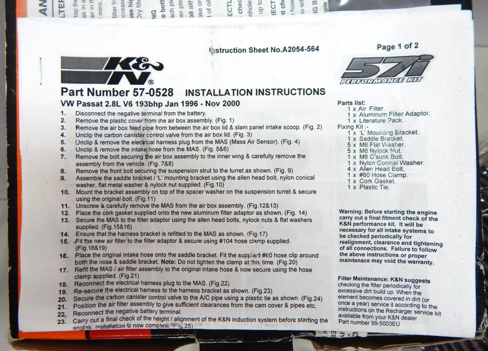 Sistema de admisión de aire frío K&N 57-0528 para VOLKSWAGEN PASSAT V6 2,8 L F/I 1996-2000 Foto 4 de 4