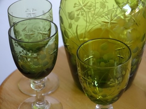 SAINT LOUIS ANCIEN SERVICE A LIQUEUR CRISTAL VERT GRAVURE FLORALE ART NOUVEAU - Picture 8 of 13