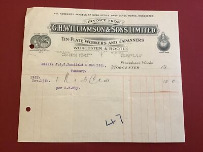 G.H. Williamson & Sons Limited Tin Palate Workers Worcester 1922 Receipt R43333