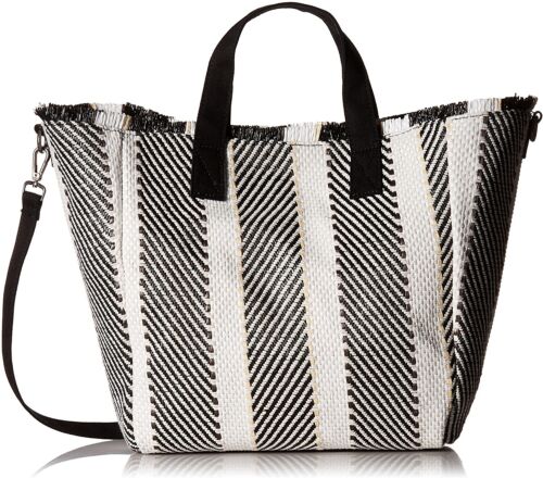 Steve Madden 187083 Womens Woven Geometric Pattern Tote Bag Black/ Beach - Picture 1 of 6
