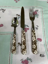 Colorful Flatware- White Flowers On Brown Background 6 Pieces (2 Place Settings)