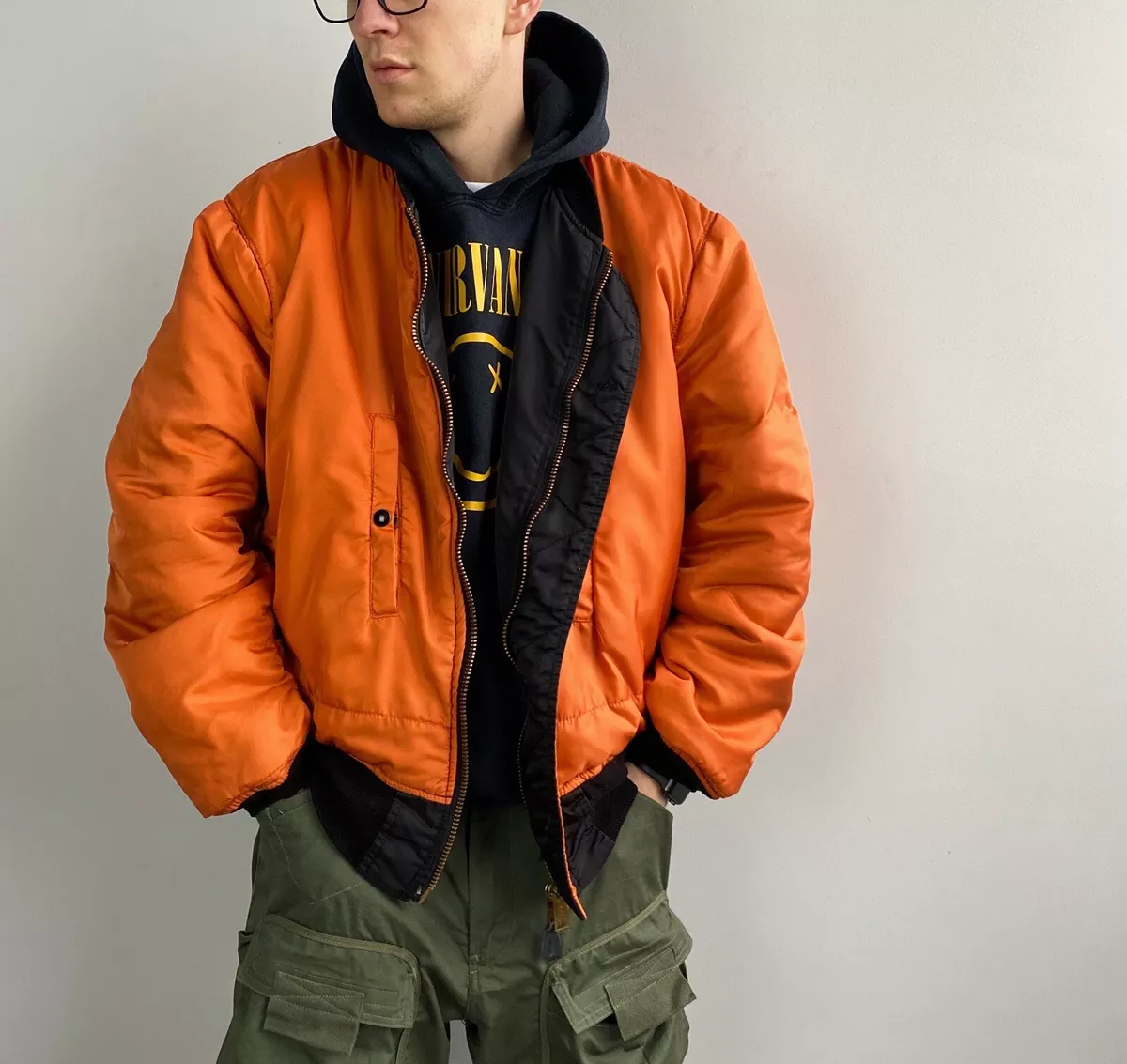 Vintage 90s Alpha Industries MA-1 Reversible Bomber Jacket Black/Orange  Size XXL