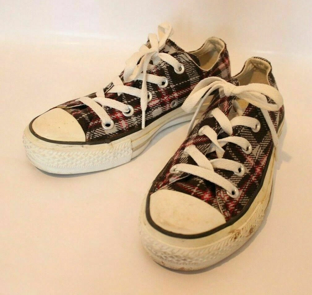 Scarpe da ginnastica Converse da donna rosse nere design a quadri in tela taglia UK 3