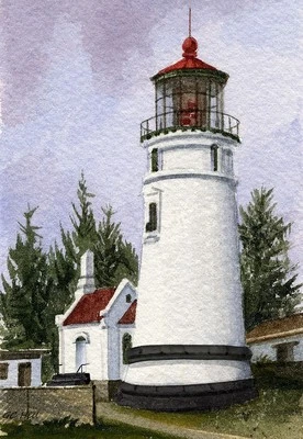 BELLA TERRA Umpqua River Lighthouse Reedsport, Oregon Coast. Watercolor Notecards