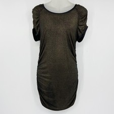 Ann Taylor Womens Ruched Bodycon Dress Short Sleeve Black Gold Shimmer Sz M