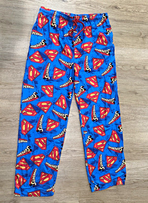 Superman Boys L Blue All-Over Logo Pajama Pants Drawstring Elastic Waist