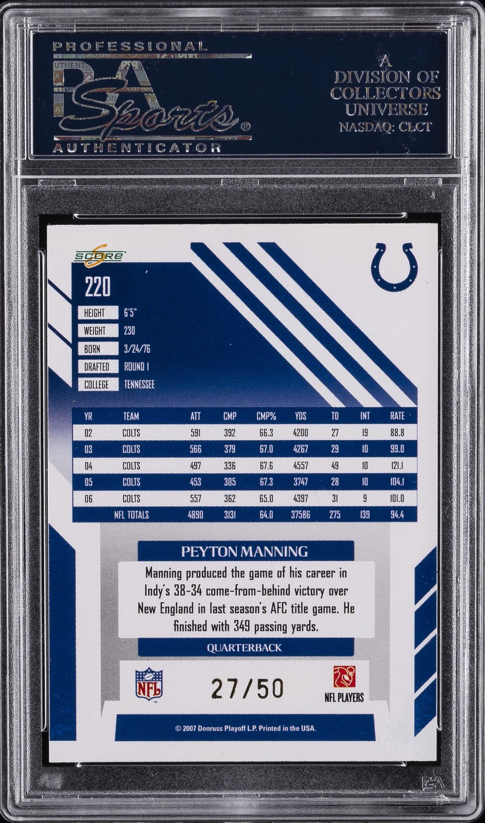 2007 SCORE SELECT GOLD ZONE #220 PEYTON MANNING #/50 PSA 10 view 2