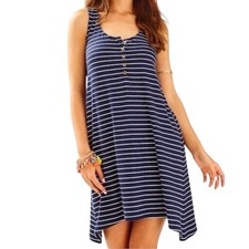 Lilly Pulitzer Jennalyn Swing Dress Navy Palm Stripe XS Racerback Gold Buttons