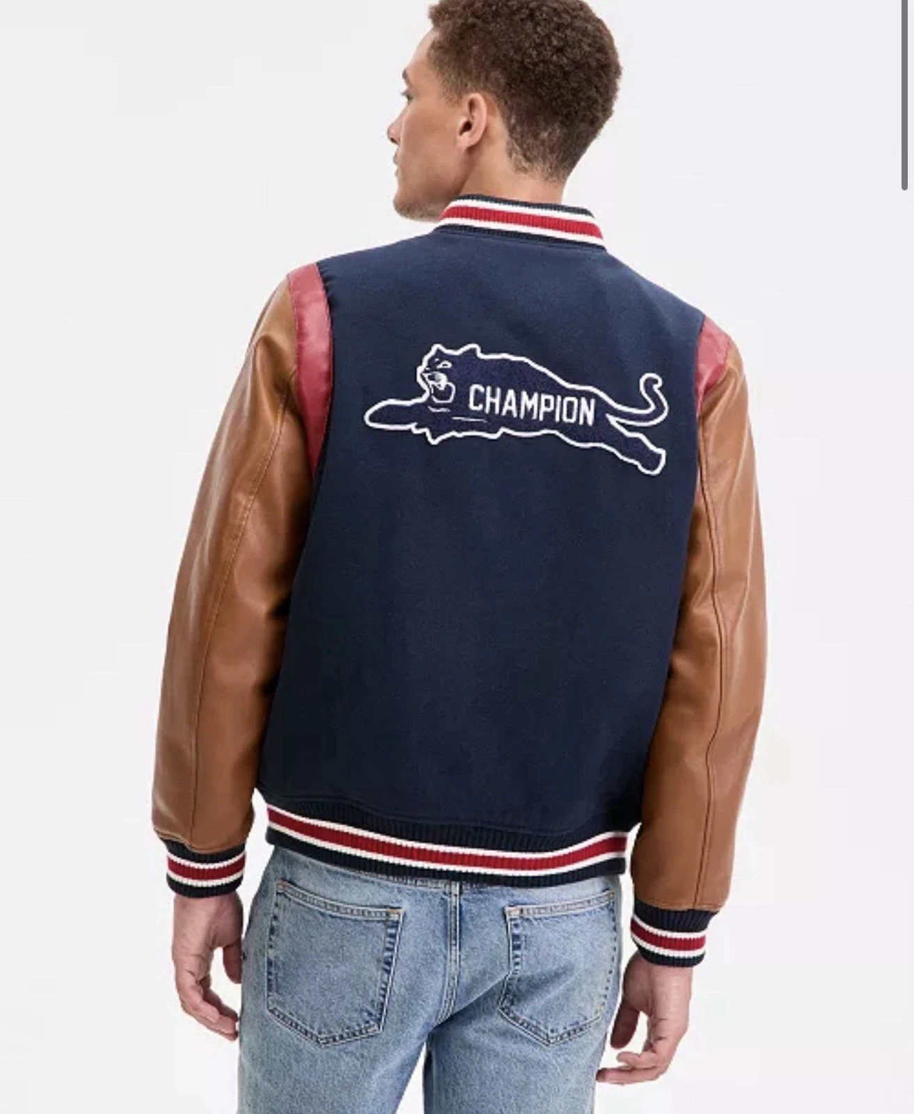 Champion Men's Mixed Media Varsity Bomber Jacket Navy Brown (LARGE) CH5RP290 🐅 image 12