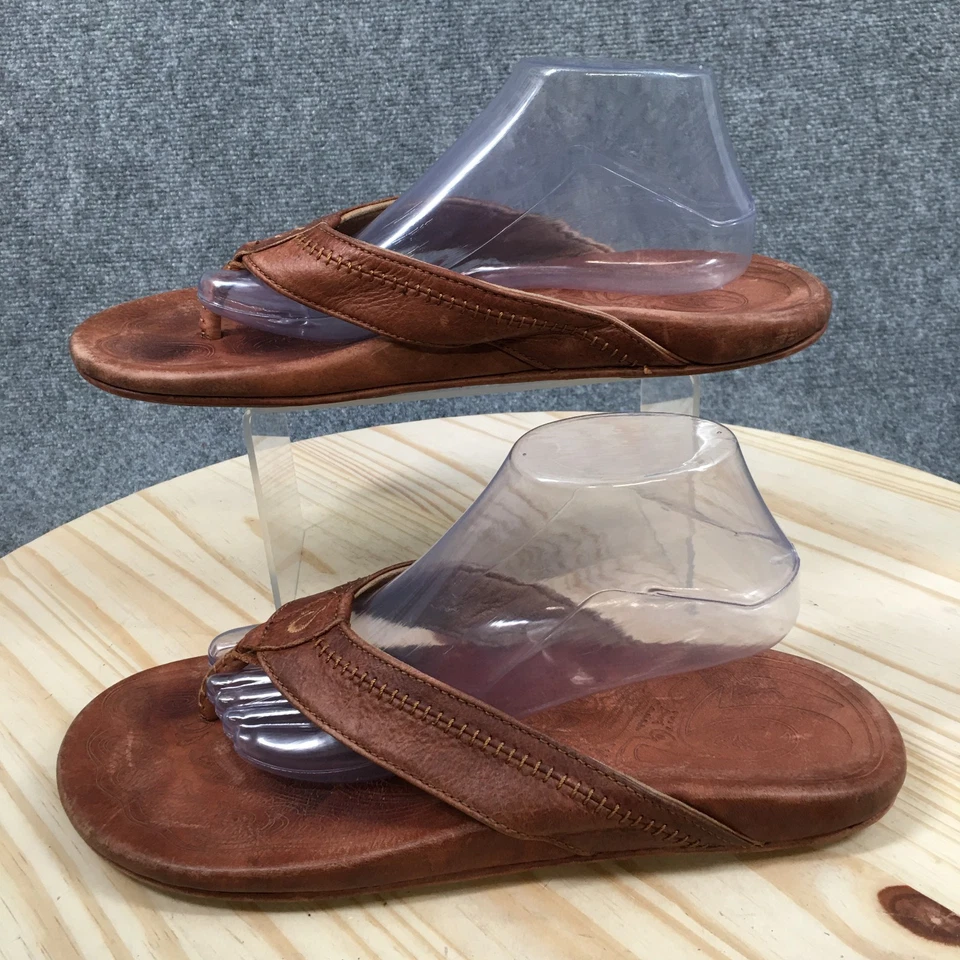 Sandalias OluKai Hombres 12 Marrón Hiapo Chanclas Tanga Cuero Puntera Informales Planas Foto 2 de 4