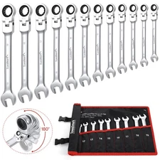12-Piece Metric & SAE Ratchet Wrench Set 180° Flex Head Chrome Vanadium Steel