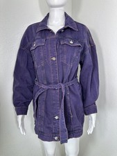 Guess Purple Denim Belted Shirt Dress Sz M Button Front Utility Long Jacket