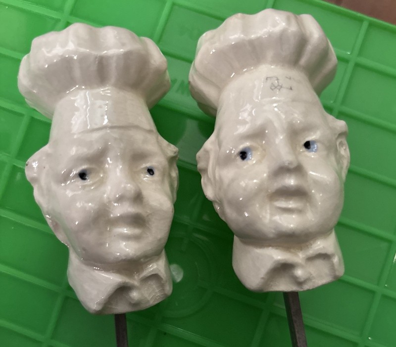 Two Vintage Solid Ceramic Chef’s Head Skewers  w Hand Painted Blue Eyes 18.5”