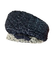 VTG RAFFIA PILLBOX HAT Designed by Laura Sz S Weave Straw Navy 50s/60s Lace
