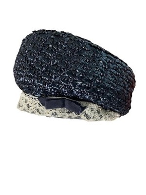 VTG RAFFIA PILLBOX HAT Designed by Laura Sz S Weave Straw Navy 50s/60s Lace