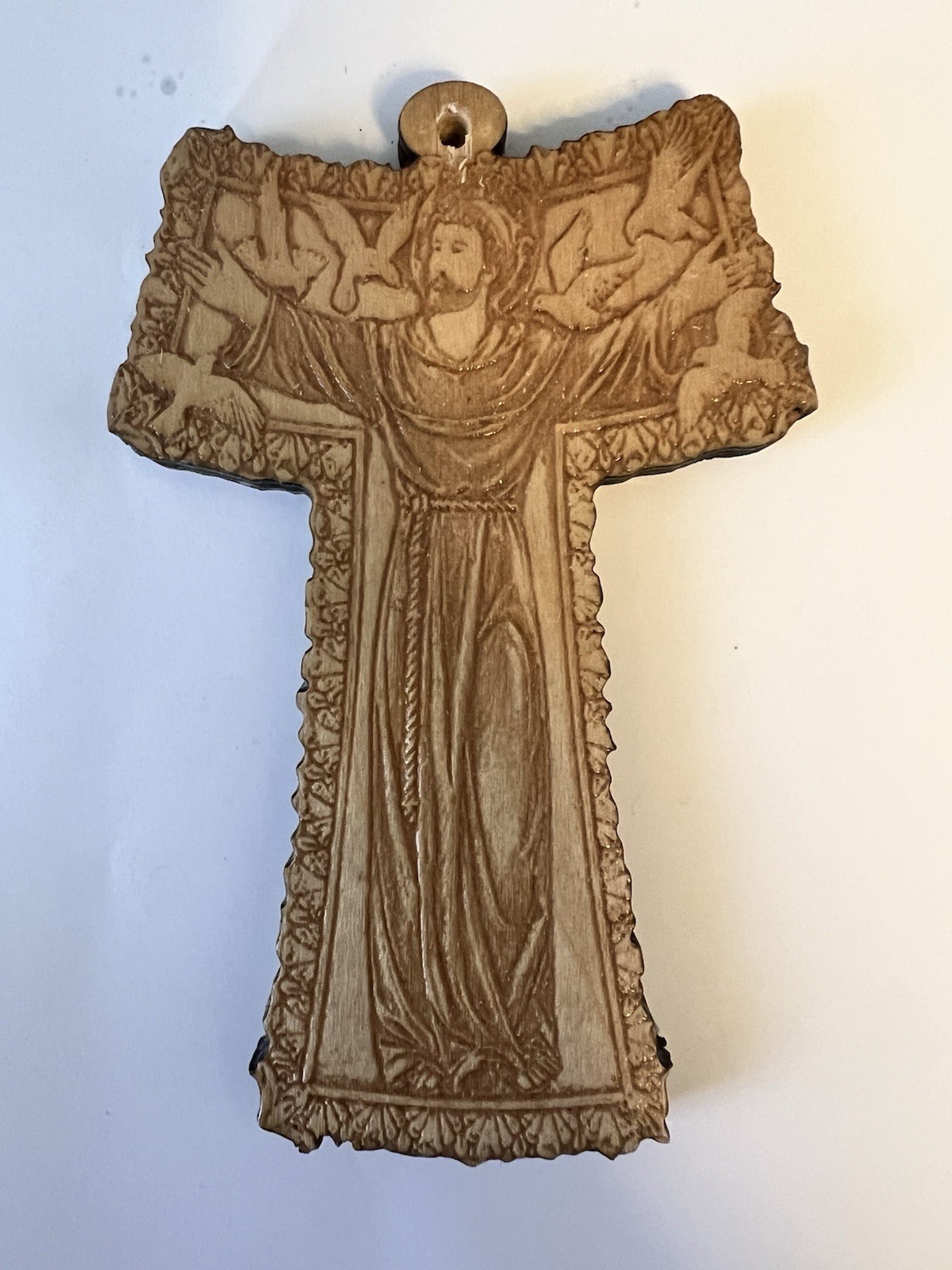 Hand-Carved Tau Cross With Relief Of St Francis’s Of Assisi 3 1/2 X 5 1/2 Inches