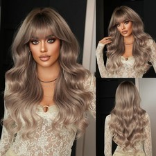 Long Wavy Ash Purple Synthetic Wig with Dark Roots Heat Resistant Hair for Women