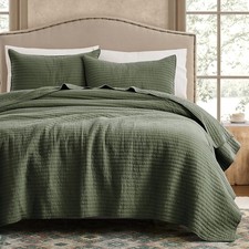 100 Cotton Queen Size Quilt Set - Olive Green Striped Pick Stitch Soft Light...