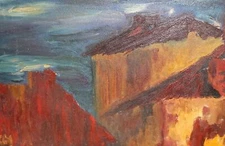 80's impressionist oil painting landscape of a house