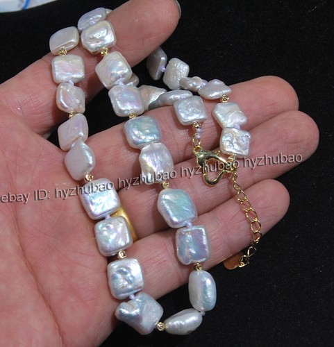 16"-36" 10-12mm Natural White Square /Coin Baroque Pearl Beads Knot Necklace - Picture 13 of 21