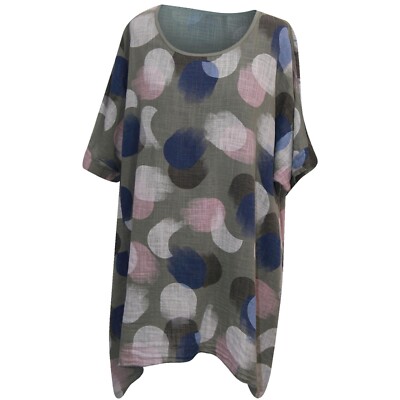 Damen Italienischer Lagenlook Kurzarm Sommer Baumwolle Midi Rundhals Kleid