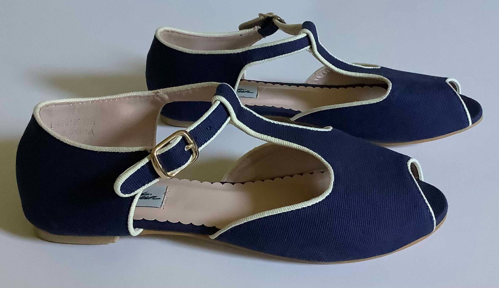 LULU HUN SHOES Navy Blue & White Fabric PEEP TOE Sand… Gem