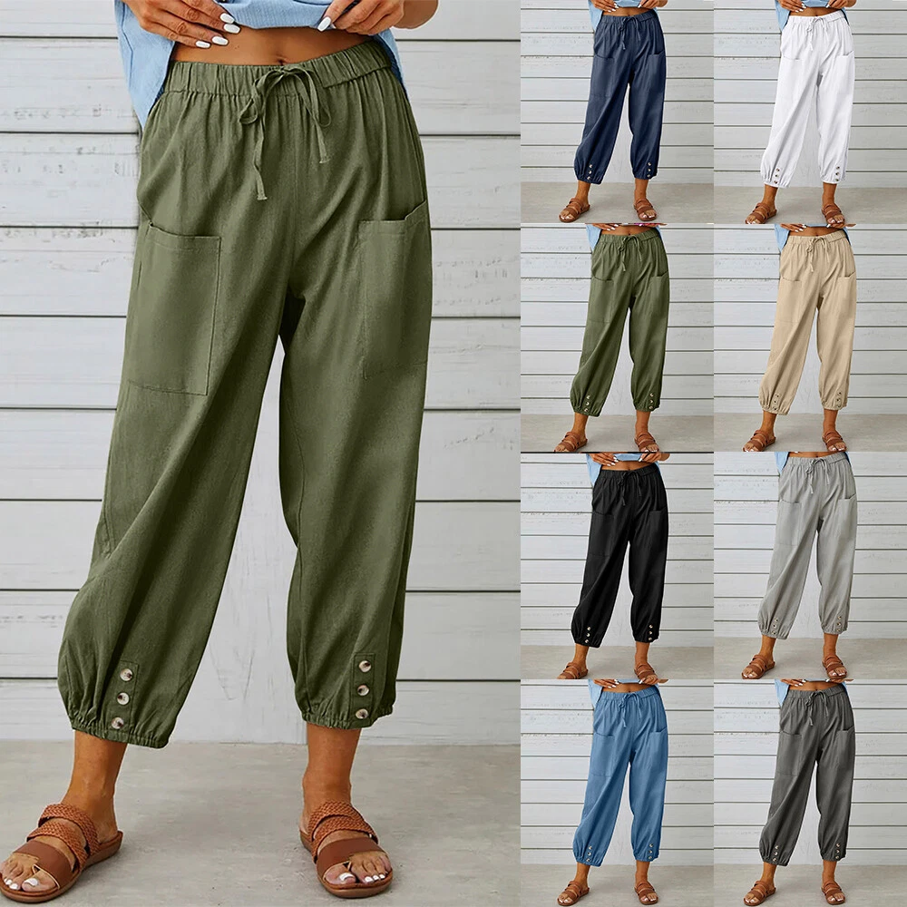 Zpanxa Women's Slacks Fashion Women's Casual Loose Cotton Linen Ladies  Solid Elastic Waist Wide-leg Button Pants Women's Sweatpants Work Pants -  Walmart.com