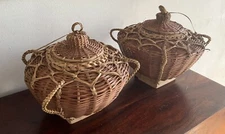 Pair Vintage Chinese Footed Woven Bamboo Four Sided Basket w/Lid & Lifting Loop