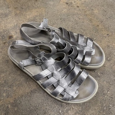 ECCO Womens Sandals 39/8 Metallic Silver Pewter Leather Strap Gladiator Flat