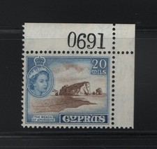 CYPR 1955 DEFINITIVE 20 MILS MNH STEMPEL NAROŻNIK I NUMER KONTROLNY