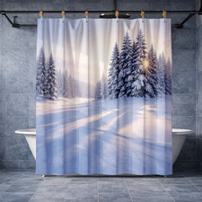 Winter Pine Forest Sunrise Shower Curtain Snow Covered Landscape Bath Decor