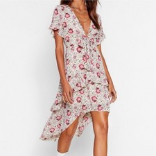 Nasty Gal Cottage Core Off White Floral Bow Front High-Low Midi Dress Coquette