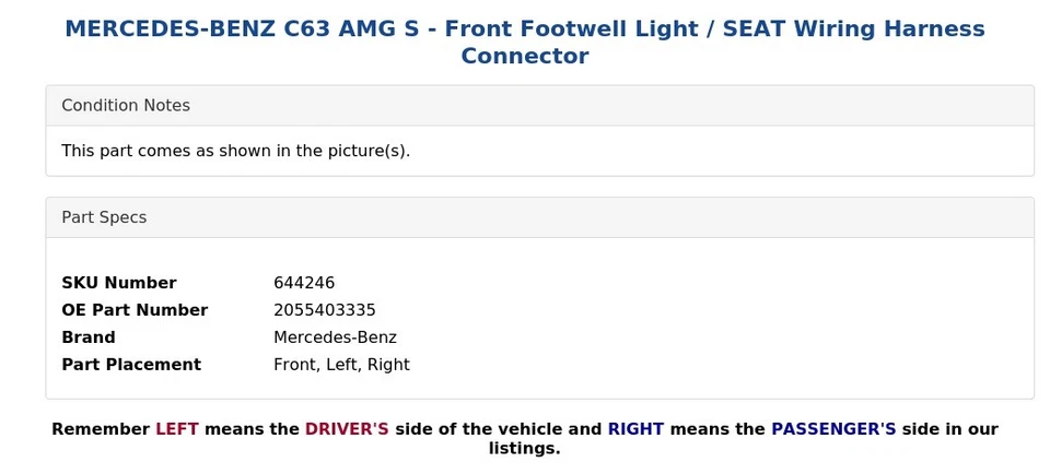 MERCEDES-BENZ C63 AMG S - Luz delantera para reposapiés / conector de arnés de cableado de asiento Foto 3 de 4
