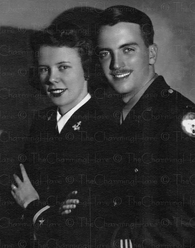 Vintage Photo 1940's Military Couple Studio Portrait WWII Uniform Patriotic