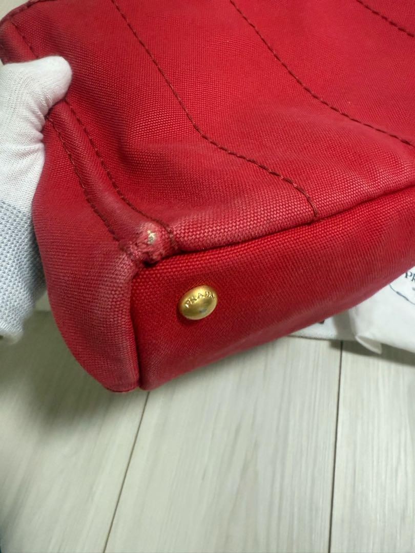 Auth PRADA Canapa Red Canvas Tote Shoulder Crossbody Bag w