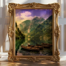 Dreamy Mountain Lake Boats Art | Vintage Alpine Decor | Museum Print