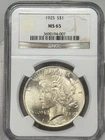 1925-P $1 Peace Dollar NGC MS65 90% Silver Philadelphia One US Coin WOW!