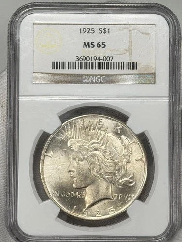 1925-P $1 Peace Dollar NGC MS65 90% Silver Philadelphia One US Coin WOW!