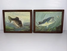Lot of 2 Vintage M. Gist Fish Paintings Bass Oil on Canvas Framed Rustic Art