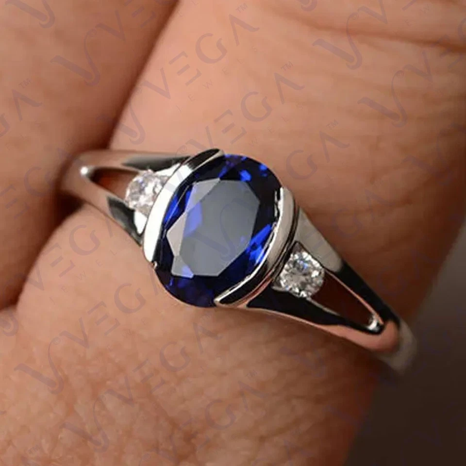 3.20Crt Oval Cut Natural Sapphire Diamond Three Stone Ring 950PT Platinum Plated - Image 4 of 4