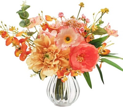 Artificial Flowers Arrangement Orange & Pink Silk Peony Bouquet with Vase, Fake