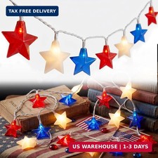 LED Red White Blue Star String Lights Plug in, 8.5Ft 4th of July Decorations Lig