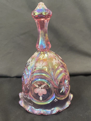 Fenton Carnival Glass Bell -Rose Pink Iridescent w/ Glitter Flowers -Handpainted