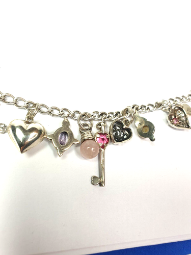 Sterling Silver Puffy Filigree Heart Charms Charm Pink Stones Pearls 7" - Picture 15 of 15