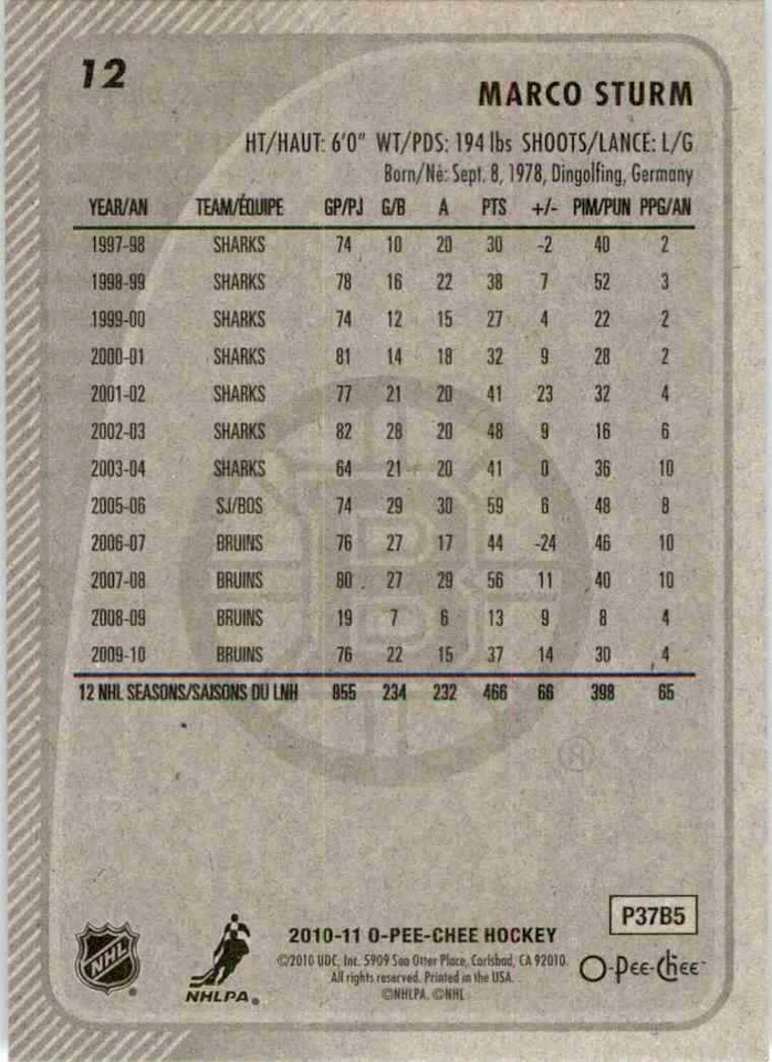 2010-11 O-Pee-Chee Marco Sturm #12 - Image 2 of 2