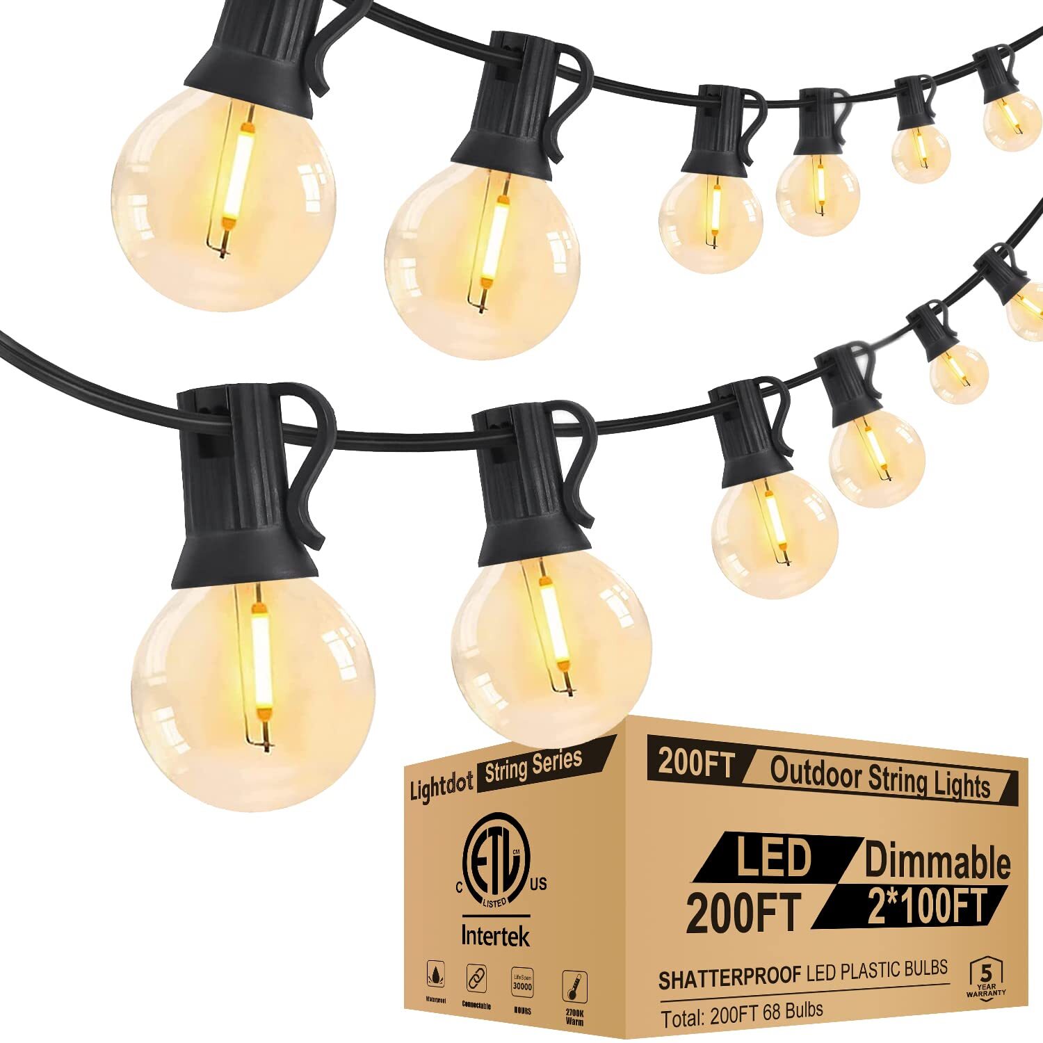 200FT Outdoor String Lights, LED Bistro String Lights with Shatterproof ST38 ...