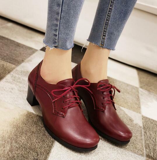 Size 34-43 Womens Round Toe Block Mid Heels College Court Pumps Shoes Brogues