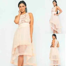 NWT San Joy High Low Club Party Prom sheer top bouncy skirt Dress, S,M,L, Peach