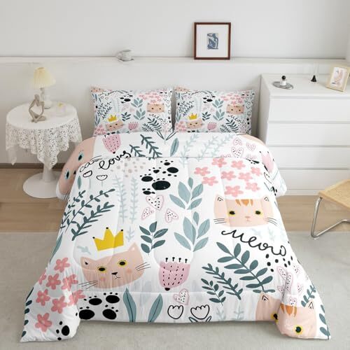 Cutes Comforter Set Size, Flower Leaves Paw Print Bedding Set 3pcs