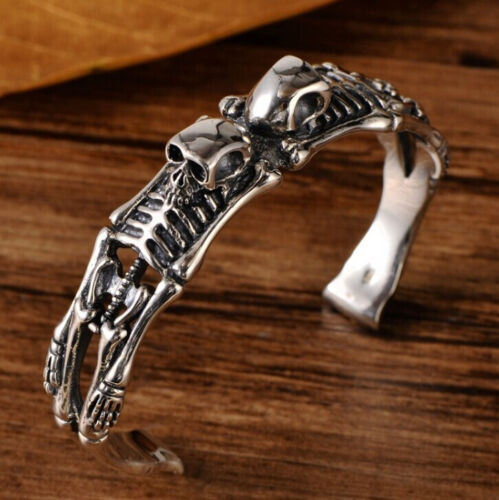 2PCS Mens Skull Skeleton Stainless Steel Motorcycle Biker Cuff Gothic Bracelet - Picture 5 of 7